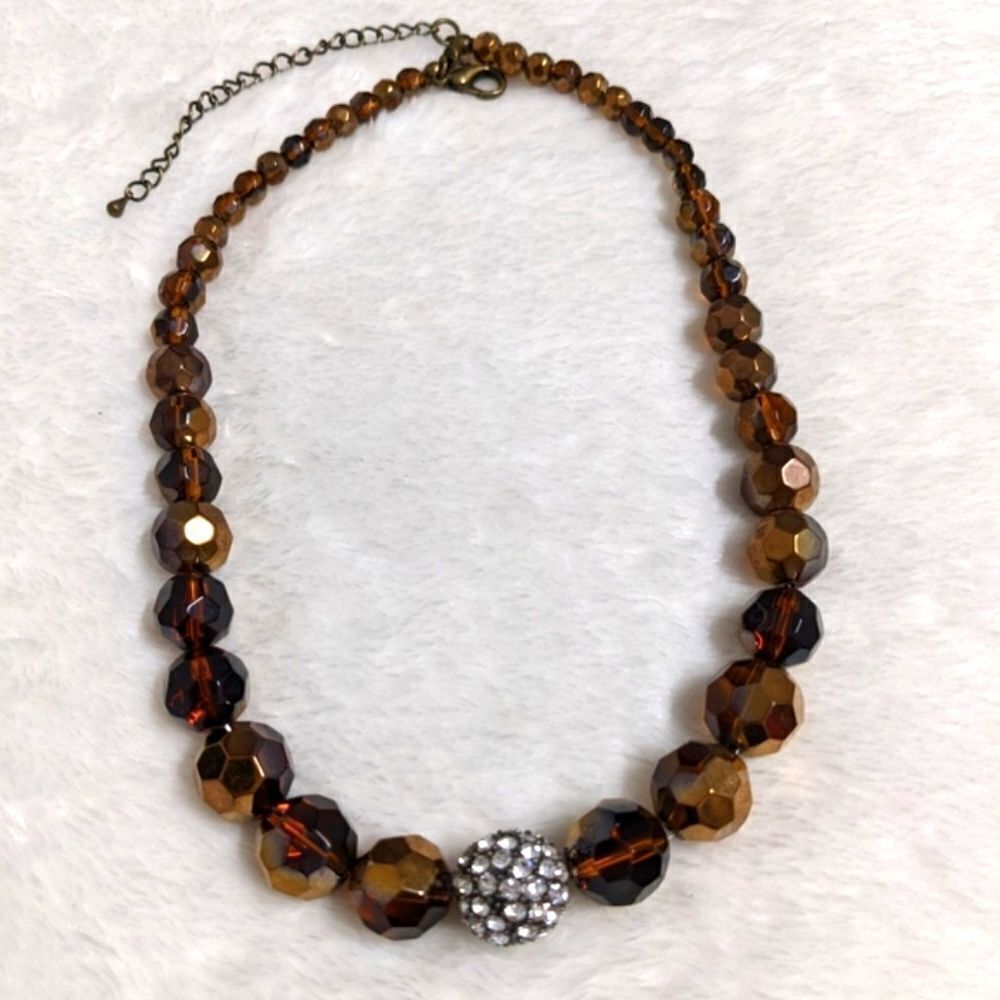 Vintage Golden Amber Facetted Lucite Bead Necklace w/ Rhinestone Accent